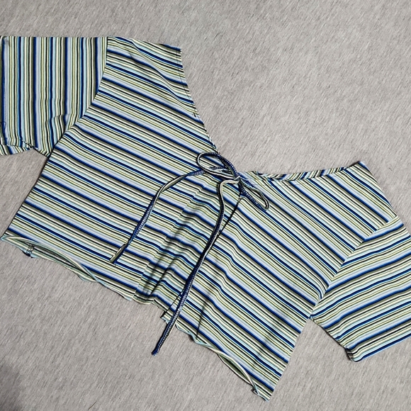 Vintage Y2K Handmade Upcycled Striped Tie Front Shrug Crop Top Blouse Shirt - Picture 3 of 14